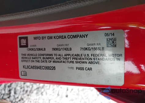 2014 Chevrolet Spark Ls Manual из США, поврежденный, VIN KL8CA6S94EC568226